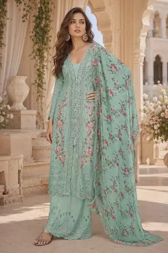 Sea-green chinon readymade suit with embroidery sequence work