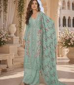 Sea-green chinon readymade suit with embroidery sequence work