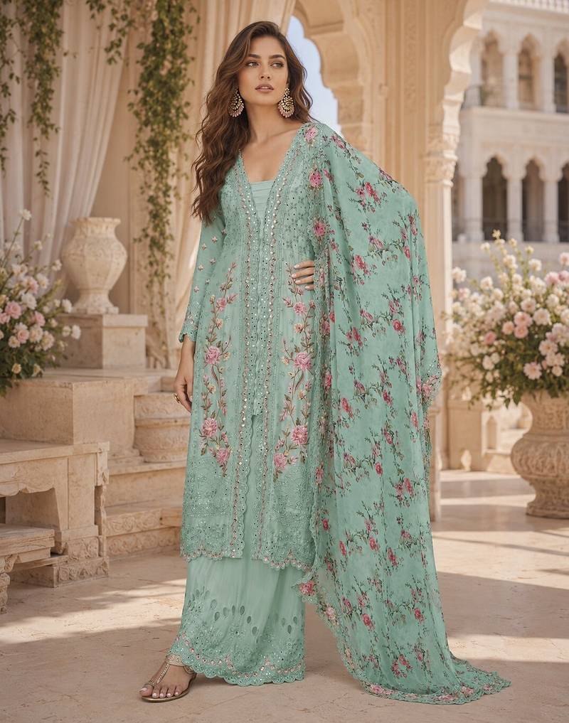 Sea-green chinon readymade suit with embroidery sequence work