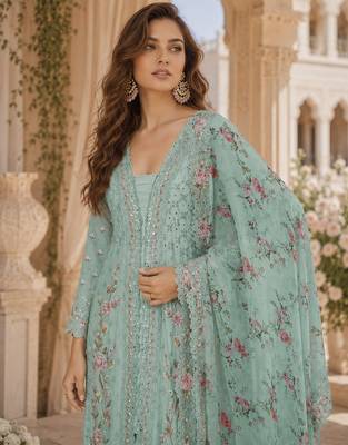 Sea-green chinon readymade suit with embroidery sequin work 2
