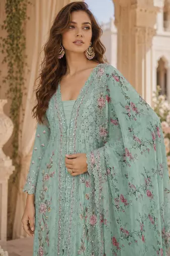 Sea-green chinon readymade suit with embroidery sequence work