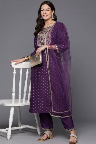 Women floral yoke design regular sequinned kurta with trousers & dupatta
