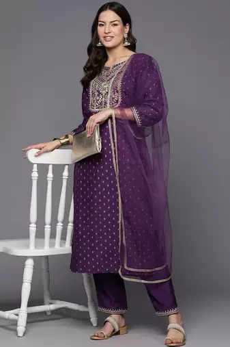 Women floral yoke design regular sequinned kurta with trousers & dupatta