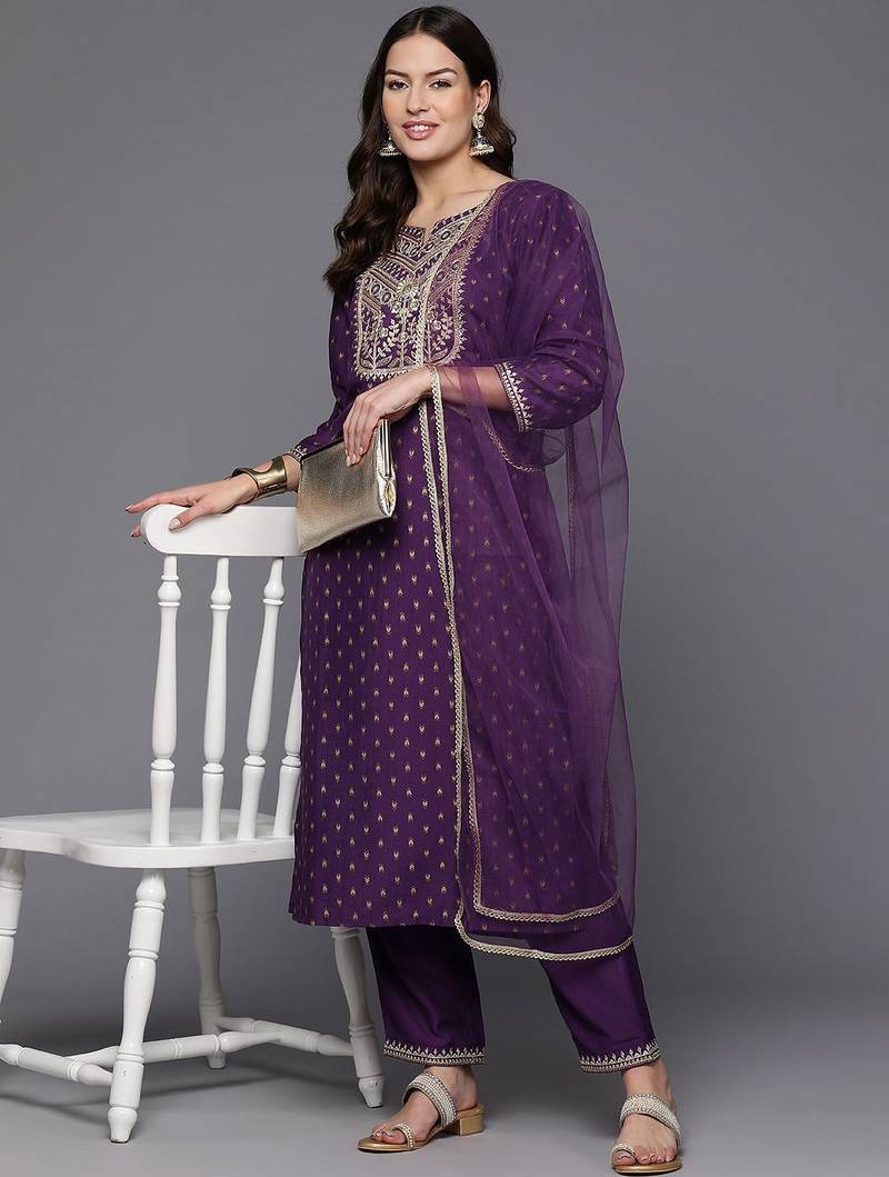 Women floral yoke design regular sequinned kurta with trousers & dupatta