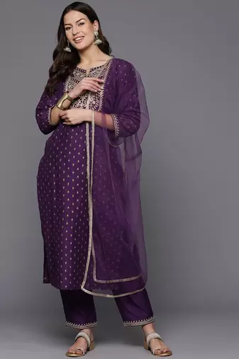 Women floral yoke design regular sequinned kurta with trousers & dupatta
