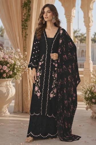 Black chinon readymade suit with embroidery sequin work