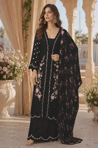 Black chinon readymade suit with embroidery sequence work
