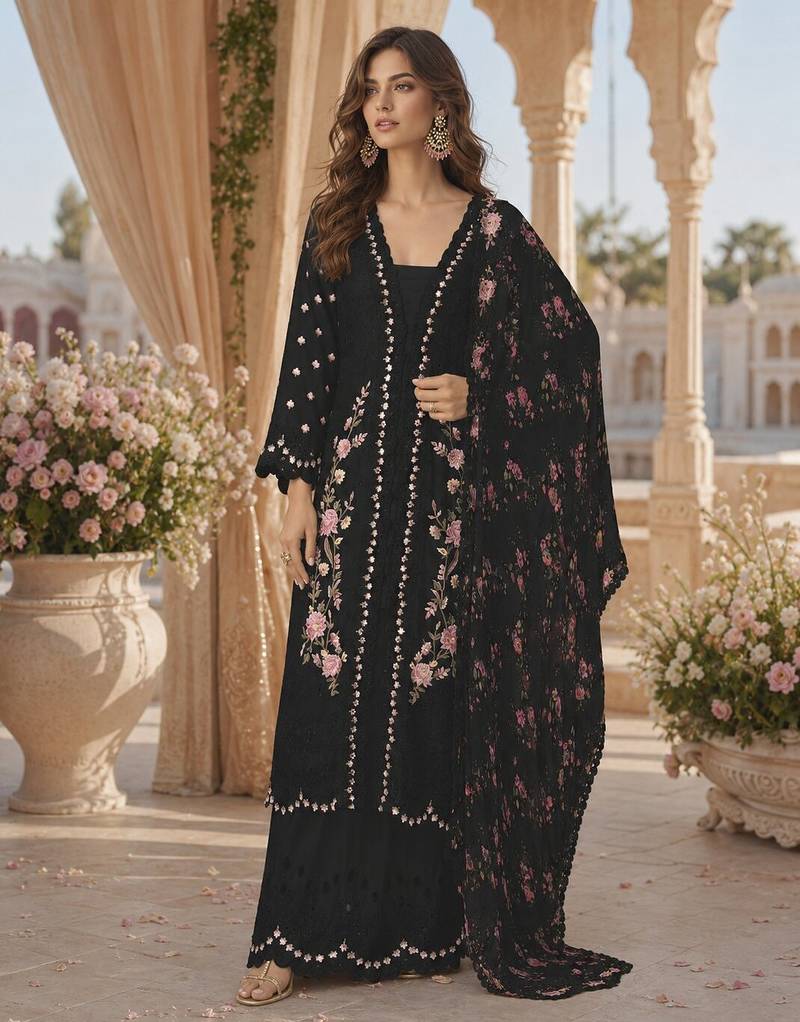 Black chinon readymade suit with embroidery sequence work