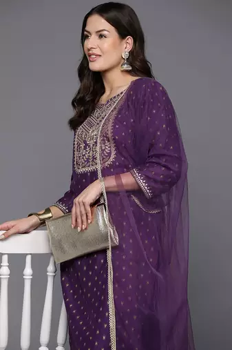 Women floral yoke design regular sequinned kurta with trousers & dupatta