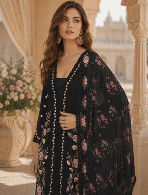 Black chinon readymade suit with embroidery sequin work 2