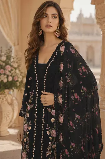 Black chinon readymade suit with embroidery sequence work