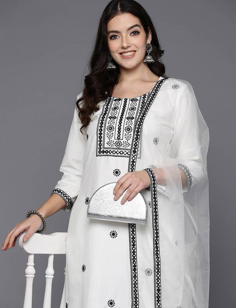 Women embroidered regular thread work kurta with trousers & dupatta