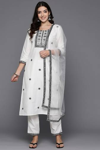 Women embroidered regular thread work kurta with trousers & dupatta
