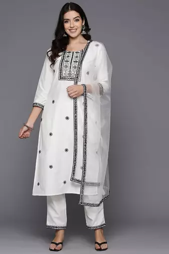 Women embroidered regular thread work kurta with trousers & dupatta