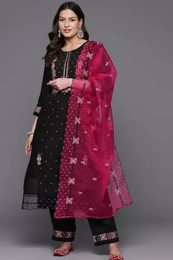 Women floral embroidered regular thread work kurta with trousers & with dupatta