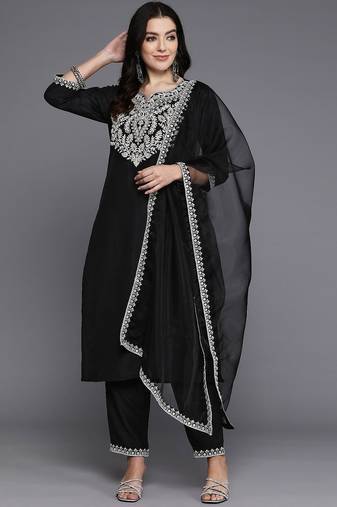 Women floral yoke design regular thread work kurta with trousers & dupatta