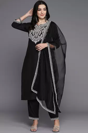 Women floral yoke design regular thread work kurta with trousers & dupatta
