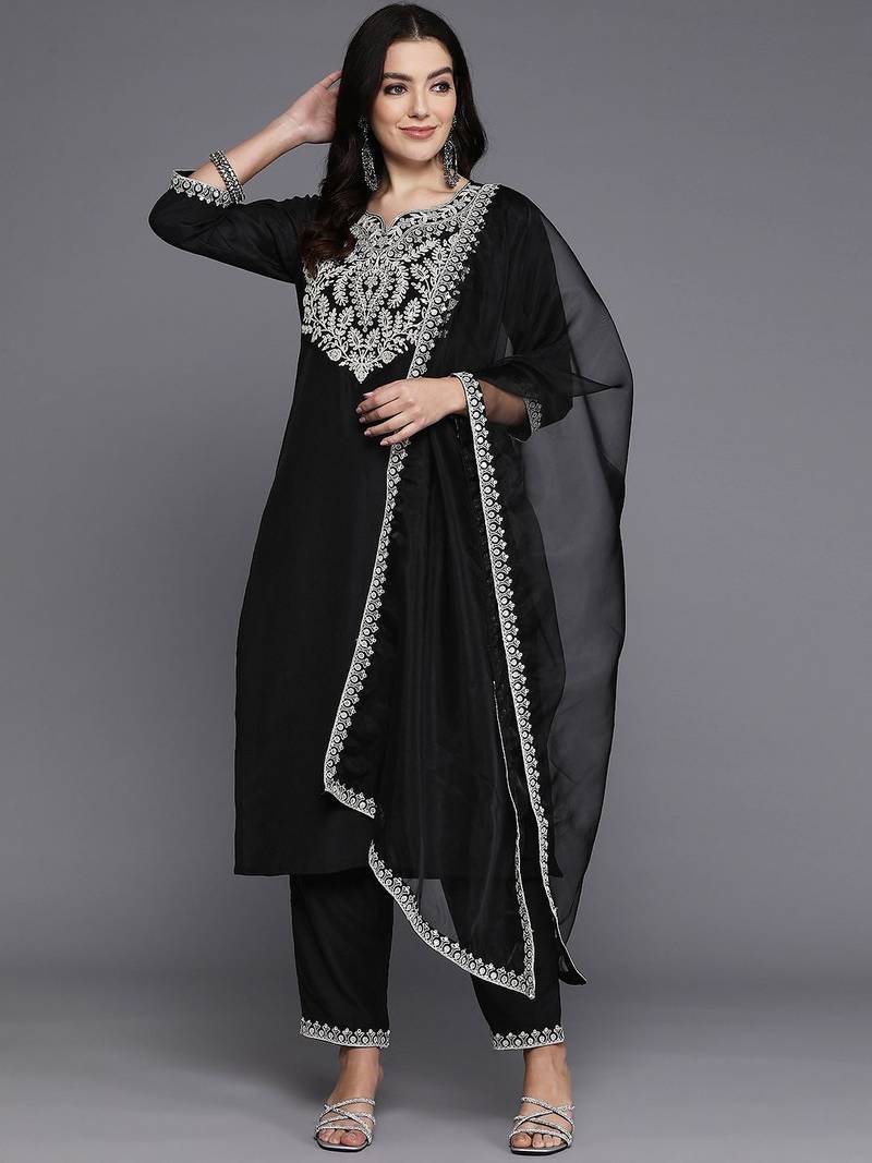 Women floral yoke design regular thread work kurta with trousers & dupatta