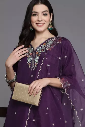 Women floral yoke design regular thread work kurta with trousers & dupatta