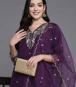 Women floral yoke design regular thread work kurta with trousers & dupatta