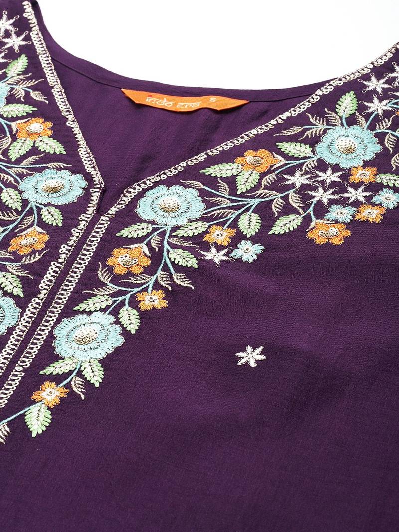 Women floral yoke design regular thread work kurta with trousers & dupatta