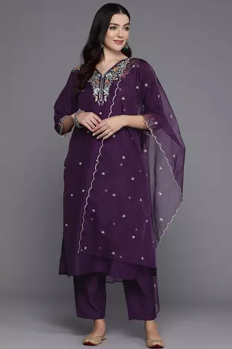 Women floral yoke design regular thread work kurta with trousers & dupatta