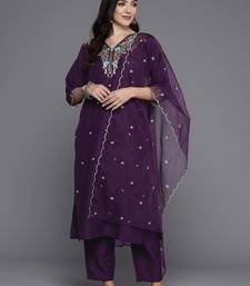 Women floral yoke design thread work kurta with trousers & dupatta