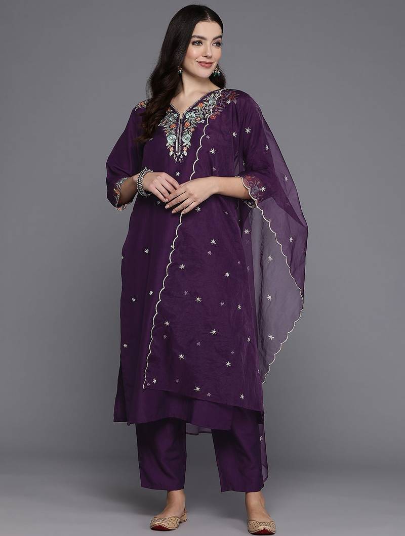 Women floral yoke design regular thread work kurta with trousers & dupatta