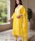 Floral embroidered v-neck regular thread work kurta with trousers & with dupatta