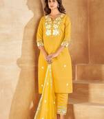Floral embroidered v-neck thread work kurta with trousers & with dupatta