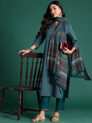 Ethnic motifs printed cotton kurta with trousers & dupatta 1