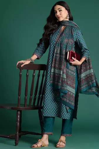 Ethnic motifs printed pure cotton kurta with trousers & dupatta