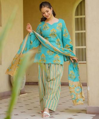 Sky blue cambric cotton printed kurti farsi salwar dupatta set 1