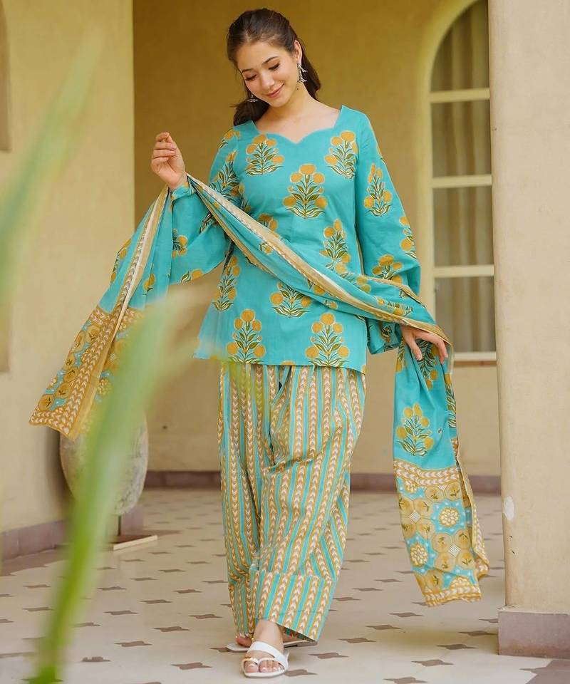 Sky blue cambric cotton printed kurti farsi salwar dupatta set