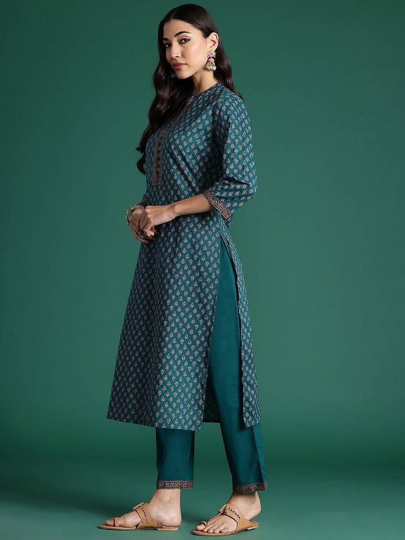 Ethnic motifs printed pure cotton kurta with trousers & dupatta