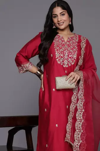 Plus size ethnic motifs embroidered sequinned liva kurta with trousers & dupatta