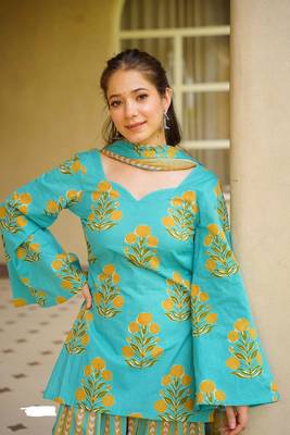 Sky blue cambric cotton printed kurti farsi salwar dupatta set 2
