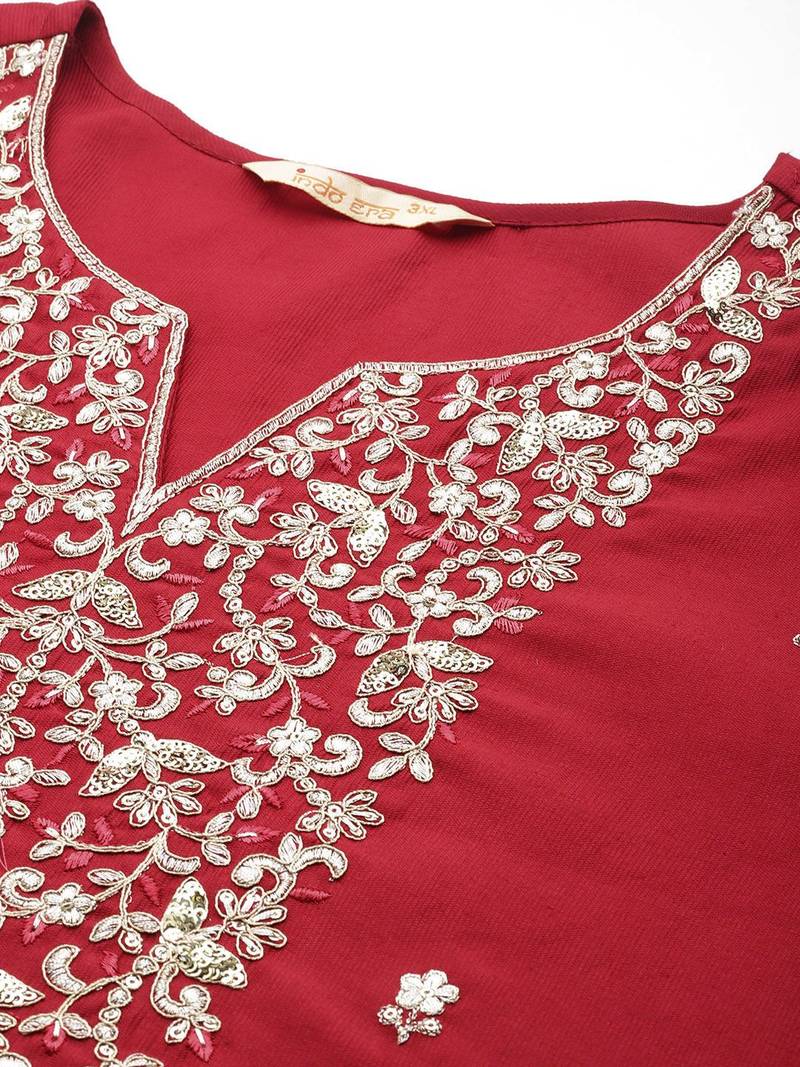 Plus size ethnic motifs embroidered sequinned liva kurta with trousers & dupatta