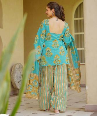 Sky blue cambric cotton printed kurti farsi salwar dupatta set 3