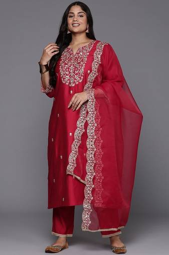 Plus size ethnic motifs embroidered sequinned liva kurta with trousers & dupatta