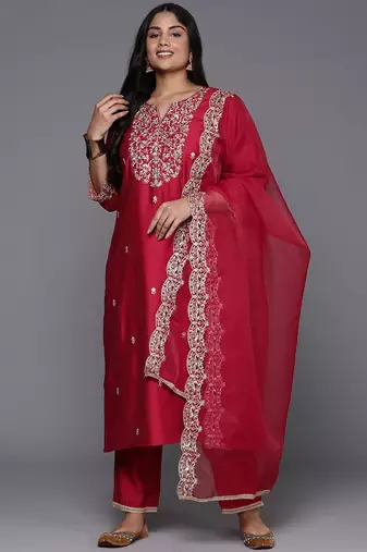 Plus size ethnic motifs embroidered sequinned liva kurta with trousers & dupatta