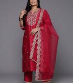 Plus size ethnic motifs embroidered sequinned liva kurta with trousers & dupatta