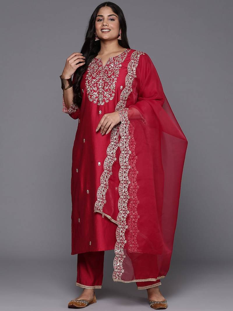 Plus size ethnic motifs embroidered sequinned liva kurta with trousers & dupatta