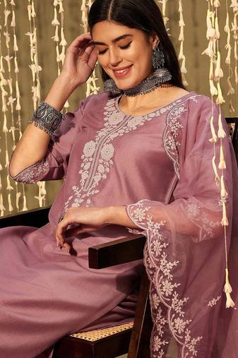 Yoke design thread work kurta with trousers & with dupatta