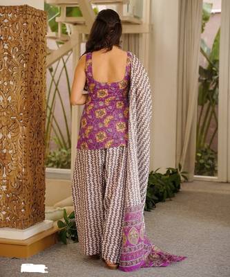 Lavender cambric cotton printed kurti farsi salwar dupatta set 3