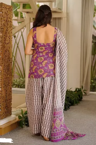 Lavender cambric cotton printed kurti farsi salwar dupatta set