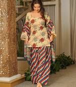 Beige cambric cotton printed kurti farsi salwar dupatta set