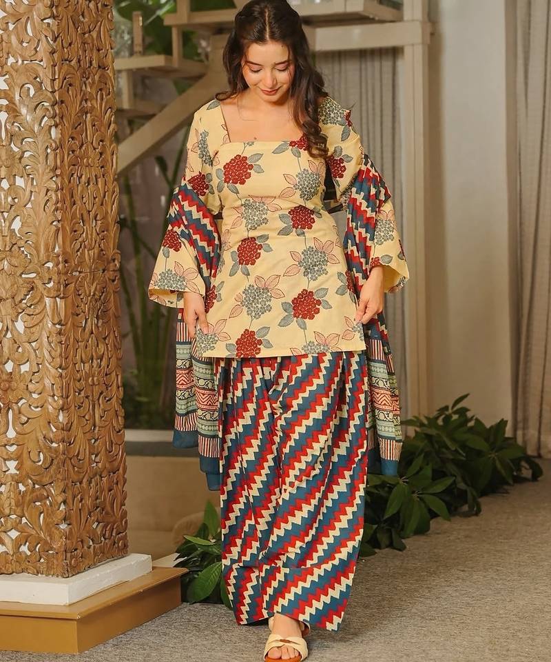 Beige cambric cotton printed kurti farsi salwar dupatta set