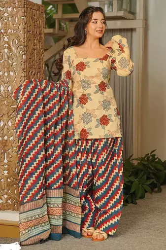 Beige cambric cotton printed kurti farsi salwar dupatta set