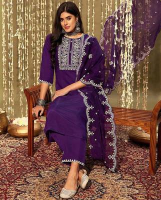 Purple floral yoke design thread work straight kurta with trousers & dupatta 1